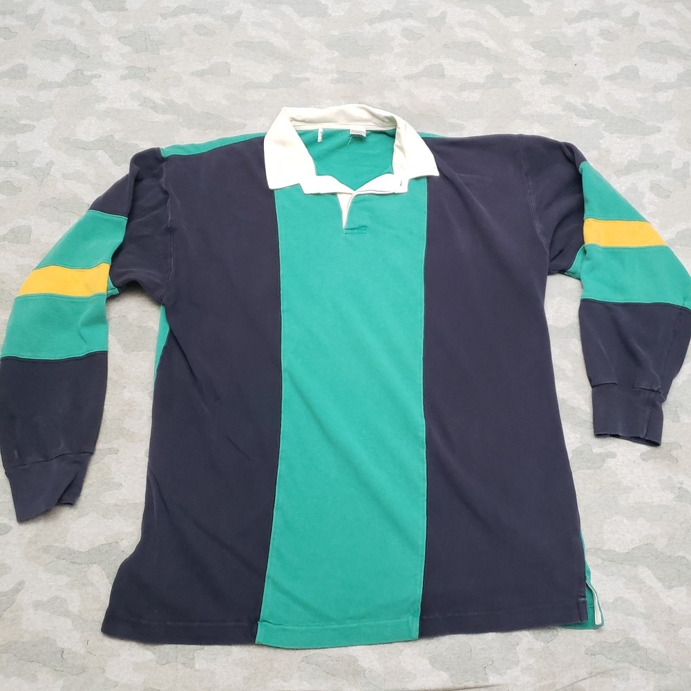 Vintage Rugby Polo Shirt Men XL Blue Striped Long Sleeve